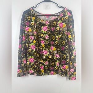 Betsey Johnson Mesh Cutout Long Sleeve Stretchy‎ Bodycon Jewel Black Pink Top M